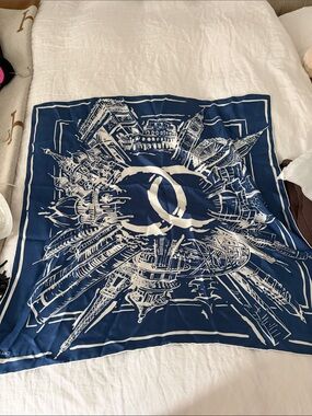 CHANEL Blue and White Silk Scarf with Architectural Motif